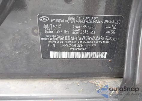 2016 Hyundai Sonata Se z USA, uszkodzony, nr VIN 5NPE24AF3GH270380